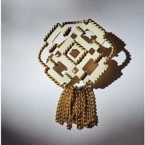 Avon Vintage Tassel Brooch Womens Gold Cream Excellent Geometric Enamel Pin